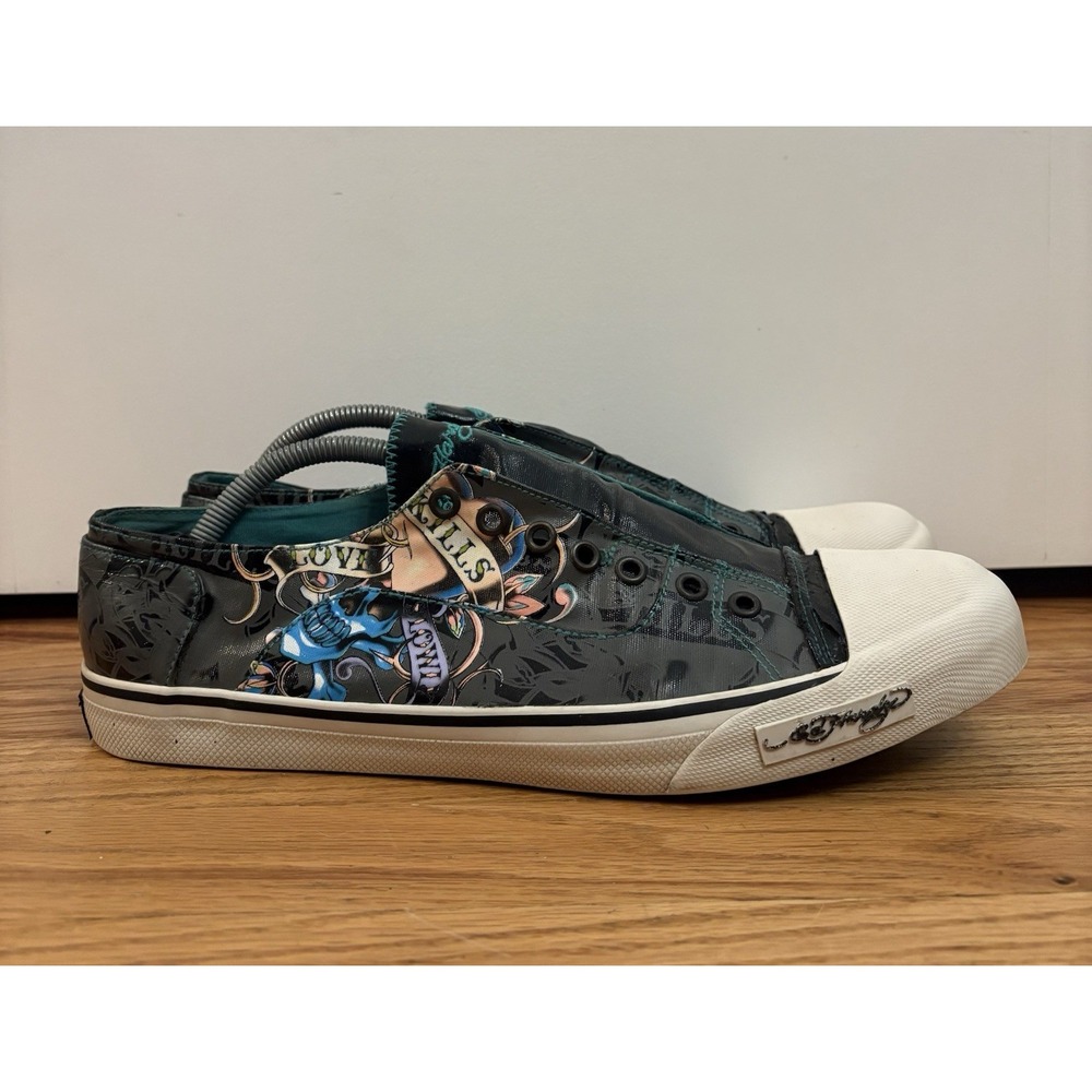 Vintage‎ Y2K Ed Hardy Men's Love Kills Low Skulls Laceless Sneakers Size 12 US